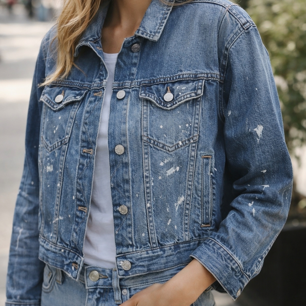 MADEWELL Jean JACKET Boxy Crop Paint Splatter DISTRESSED Denim Women’s Size S